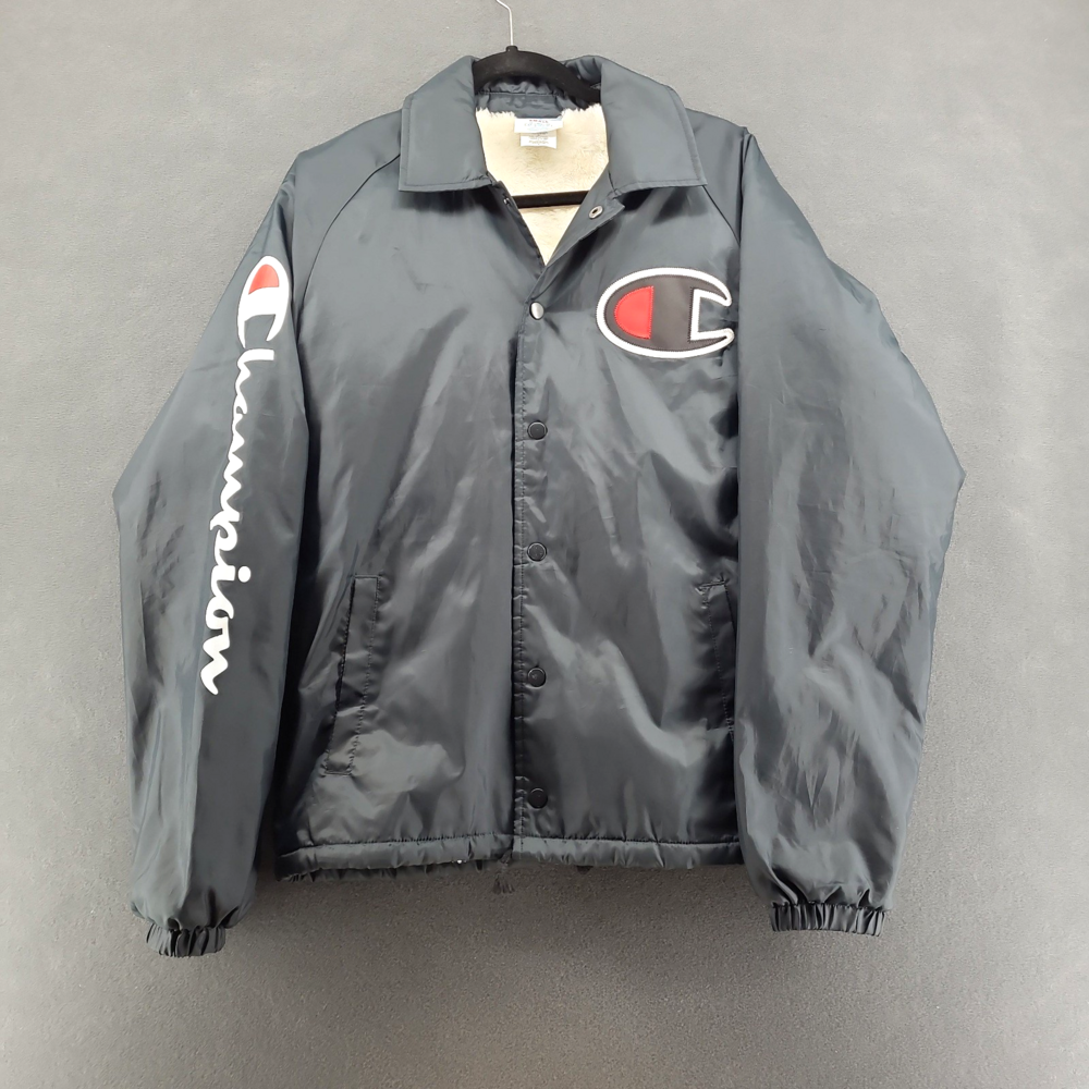 Champion Jacket Mens Small Black Sherpa Lined Big C Windbreaker Coach Snap